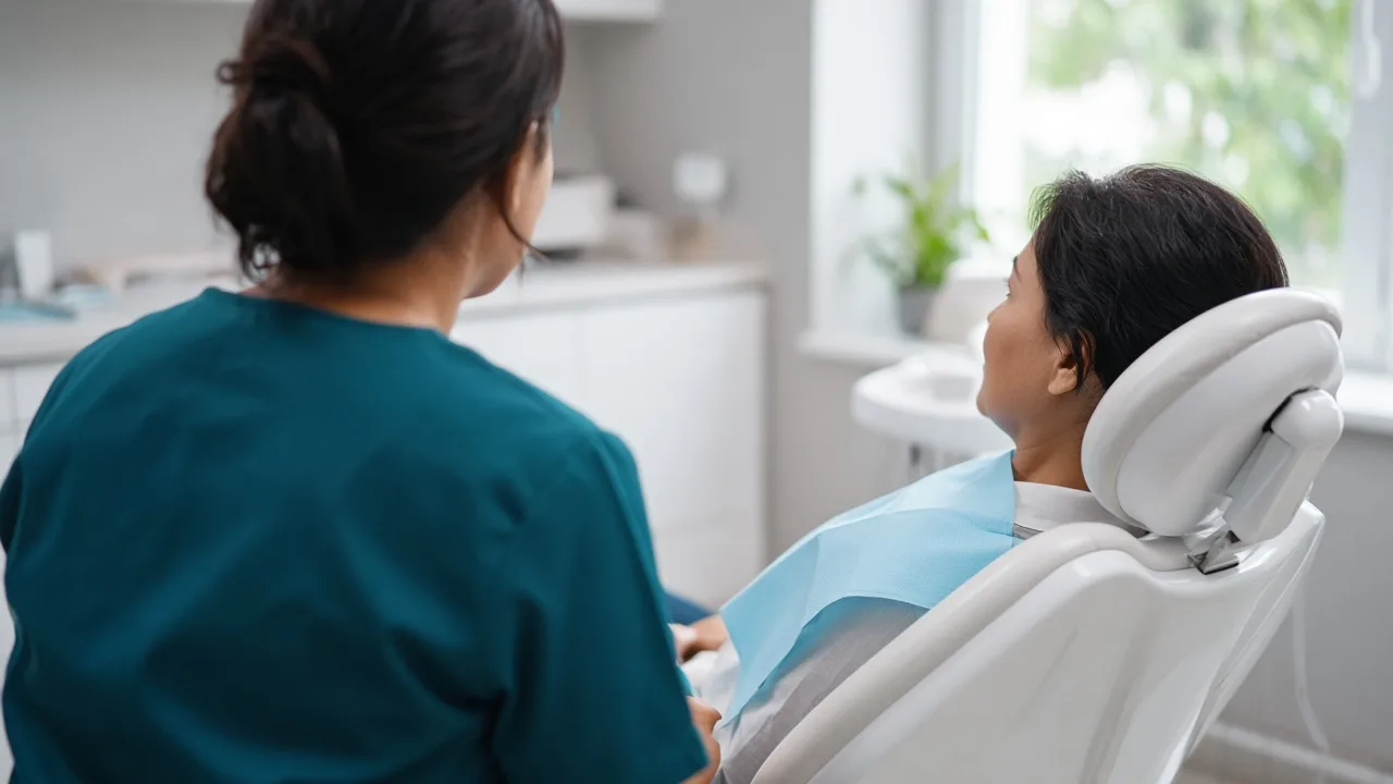A dentist in teal scrubs talking with a patient during a consultation