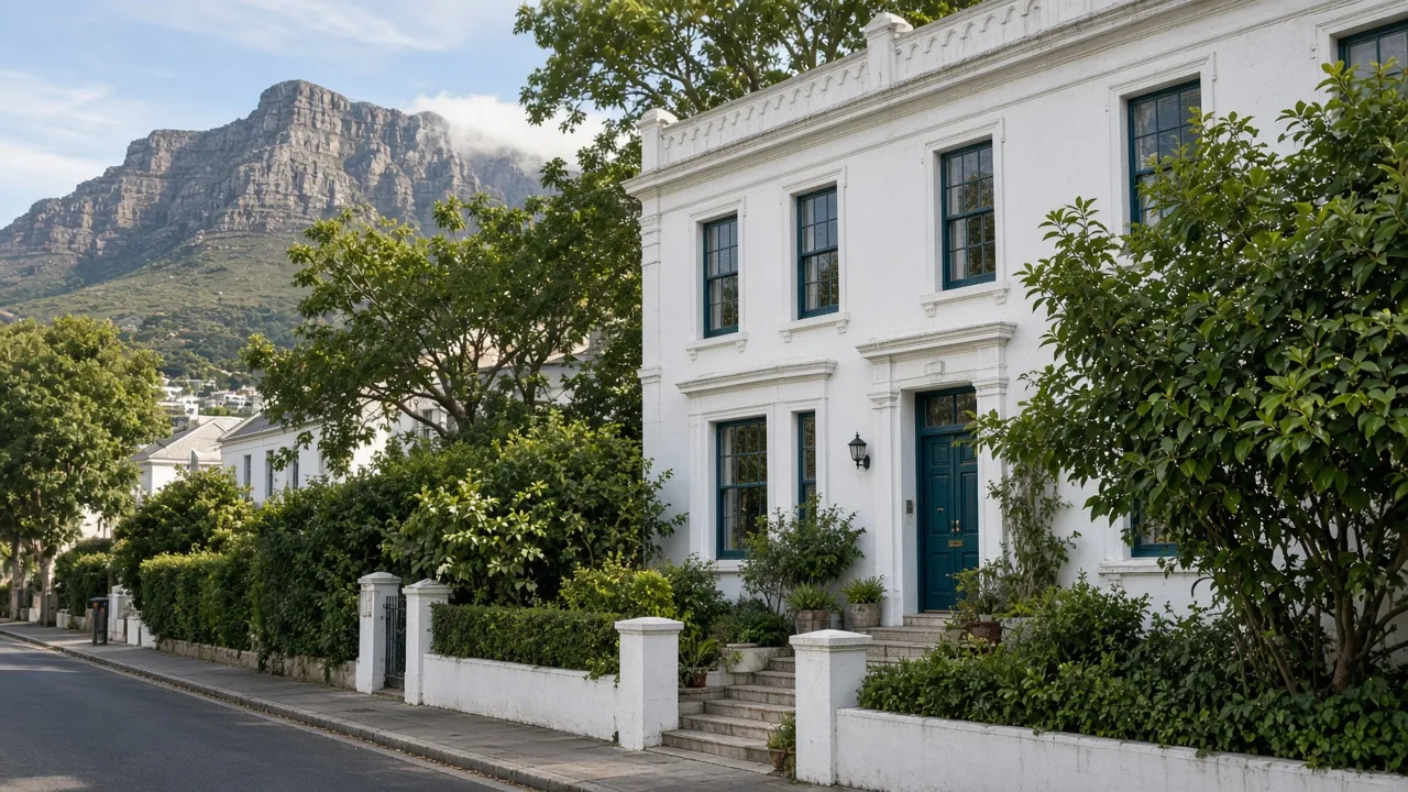 The white Victorian house that holds Blinkwater Dental, with a teal front door and Table Mountain behind